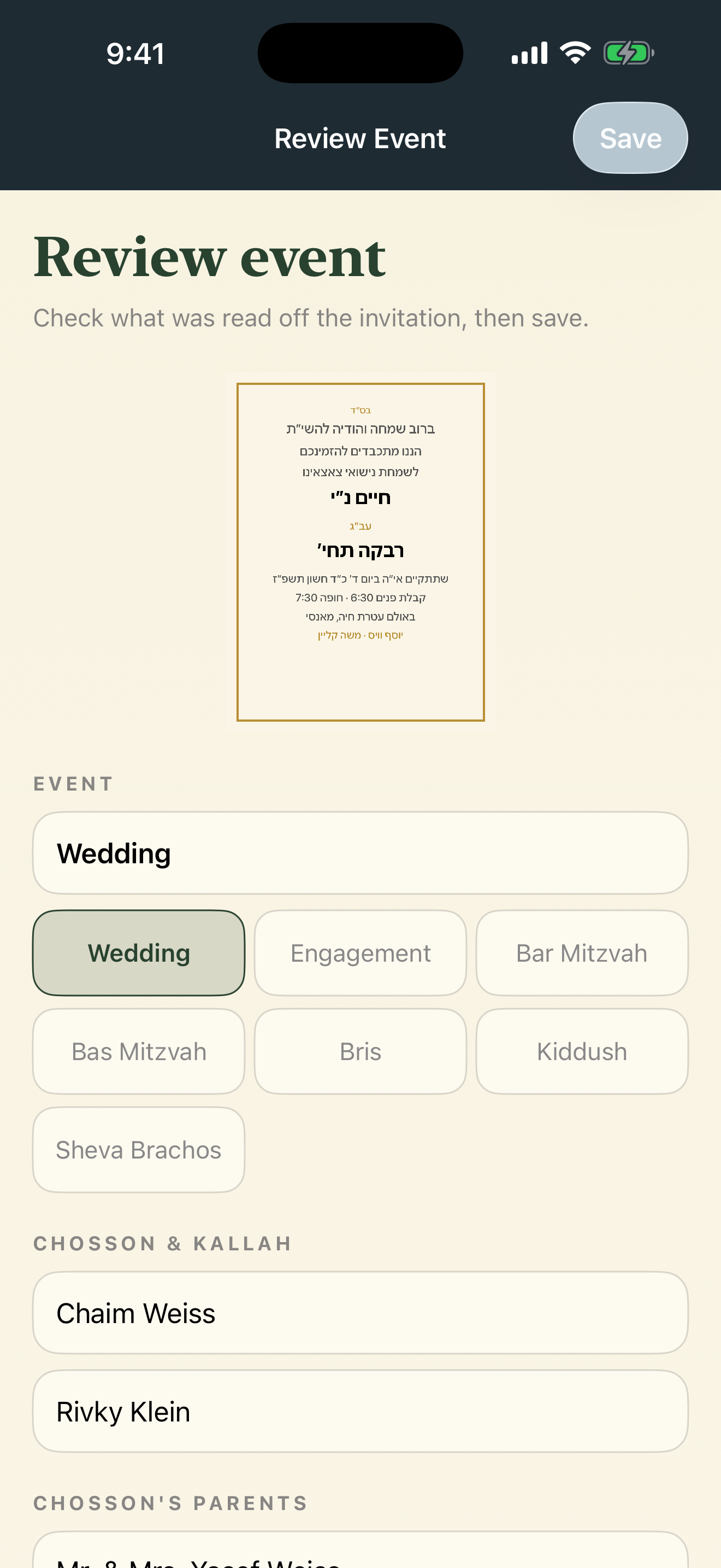 Review an invitation and edit the event details before saving