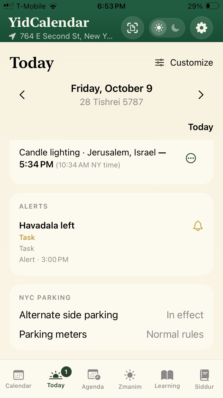 YidCalendar Today view with times, alerts and parking